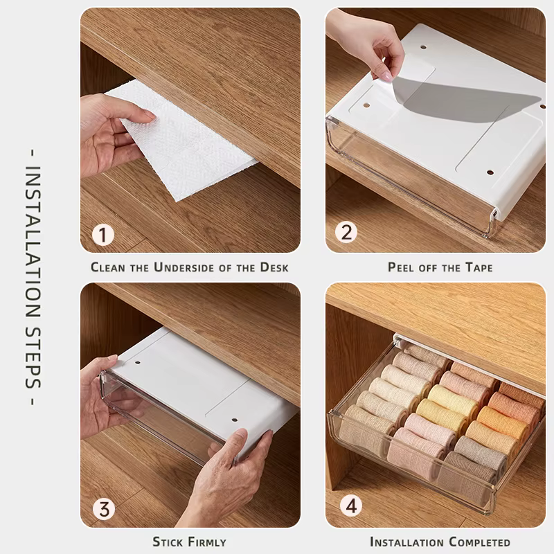 Tiroir de rangement sous le bureau, auto-adhésif, sans perçage, boîte organisatrice cachée pour le bureau et la maison [grande taille]