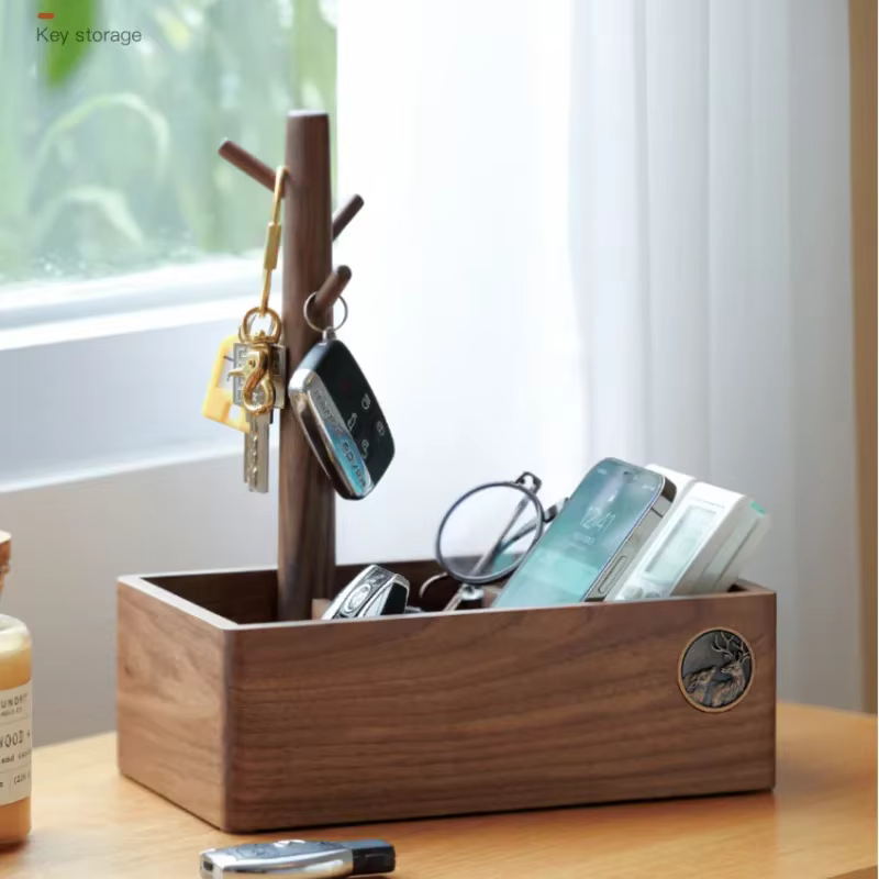 Boîte de rangement en bois massif de noyer noir, porte-clés, plateau de porche, organisateur de bureau pour articles divers, cosmétiques, bijoux