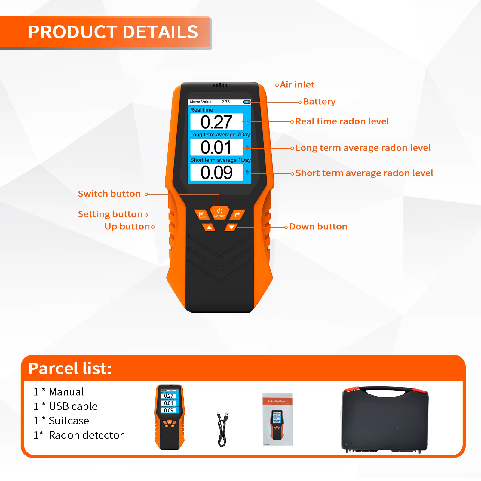 Détecteur de Radon Portable, testeur de gaz Radon 0.1-1750 pCi/L, résultats rapides et précis pour la surveillance domestique et de l'environnement