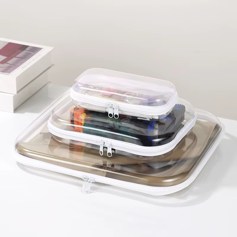 Boîtes de rangement rigides en plastique avec fermeture éclair, empilables, étanches, anti-poussière, transparentes, pour papeterie