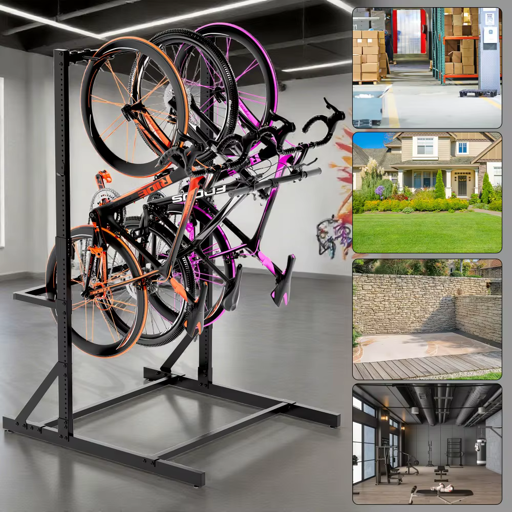 Support de vélo autoportant, support de rangement vertical pour vélos, pour garage, organisateur de vélos d'intérieur avec crochets réglables pour 5 vélos
