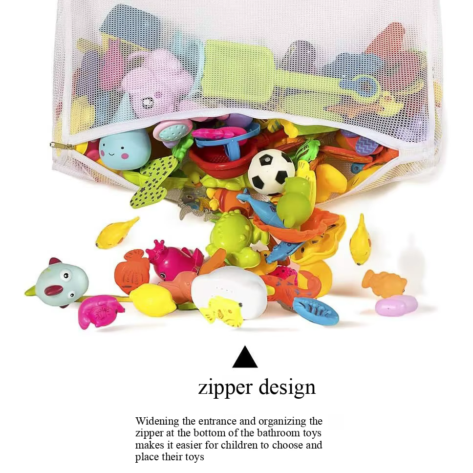 Organisateur de jouets de bain pour enfants, sac de rangement suspendu avec grand dessus ouvert et fermeture éclair, organisateur de baignoire de douche pour jouets, emballage de rangement de jouets