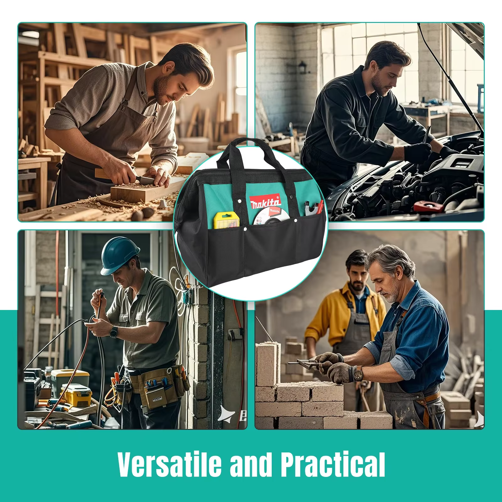 Sac de rangement d'outils polyvalent Makita M368-1 avec base robuste et plusieurs poches extérieures pour tous vos outils essentiels sur le chantier