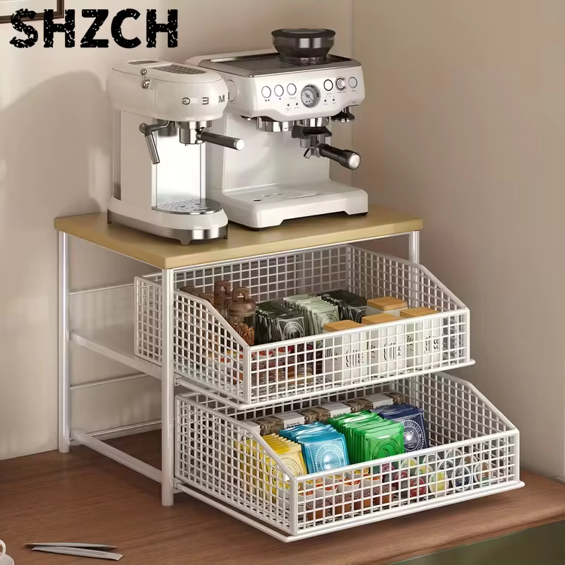 Étagère de rangement pour comptoir de cuisine, gain de place, avec tiroirs et paniers métalliques - étagère de rangement robuste à plusieurs niveaux