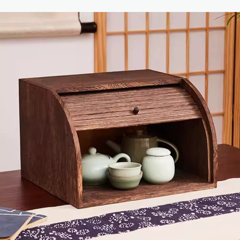 Meuble de rangement en bois massif anti-poussière avec porte à rideau coulissant, bac de rangement et étagère pour la maison