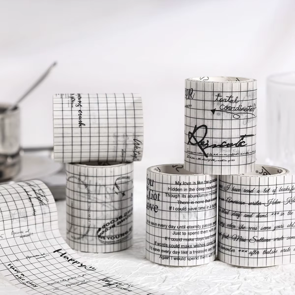 6 rouleaux/boîte de ruban washi vintage anglais, ruban décoratif simple noir et blanc, facile à déchirer pour la décoration de fond de scrapbooking