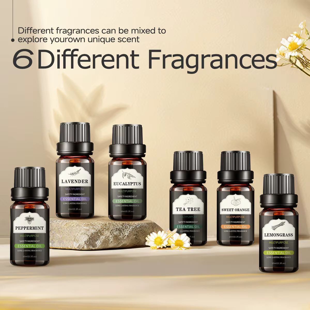 Huile essentielle 10ml, ensemble d'huiles essentielles de 6 pièces: lavande, menthe poivrée, eucalyptus, orange douce, citronnelle, arbre à thé, cadeau parfait