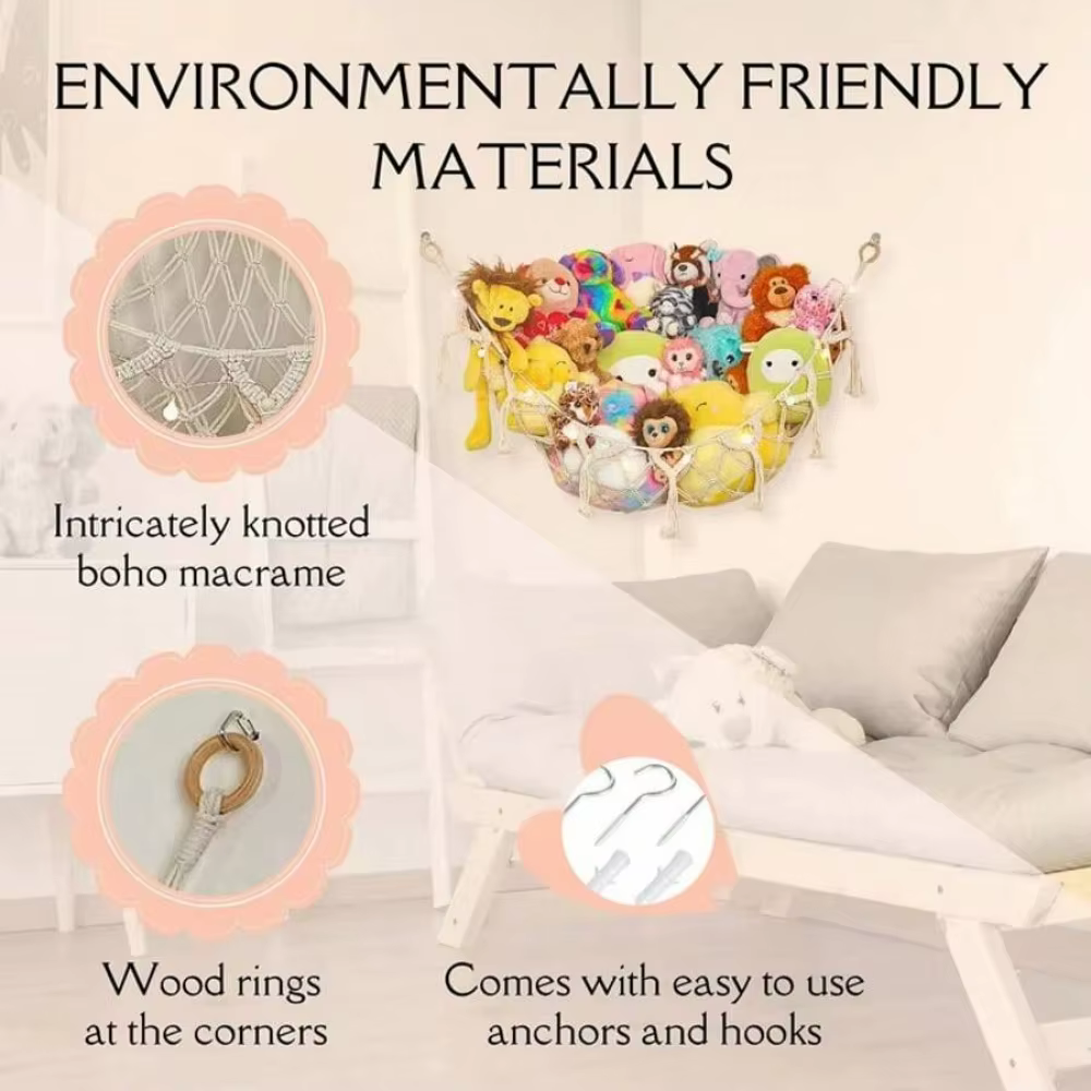 Hamac mural d'angle pour jouets, filet de rangement suspendu pour chambre, hamac pour poupées, décoration murale de fond de pièce