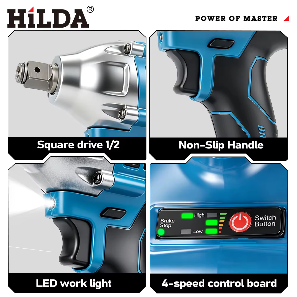 HILDA clé à chocs électrique 18V bleu sans brosse/brossé Rechargeable 1/2 clé à douille perceuse à main sans fil pour batterie Makita