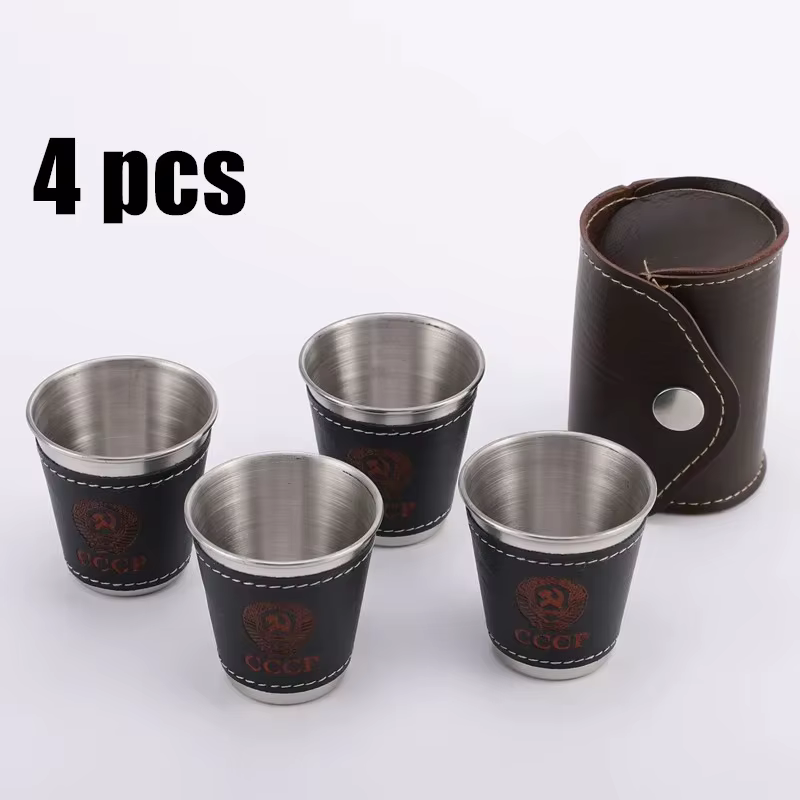 Tasse à Vodka, étui en PU 304, gobelet à vin en acier inoxydable, taille Portable, tasse à liqueur personnalisée, ensemble de verres à Shot de 70ml, 4 pièces