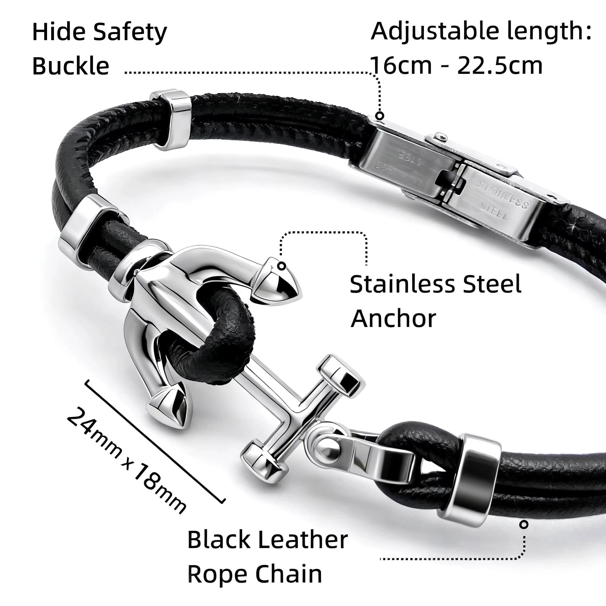 Runda Bracelet homme cuir noir acier tressé chaîne ancre fermoir réglable 22 cm