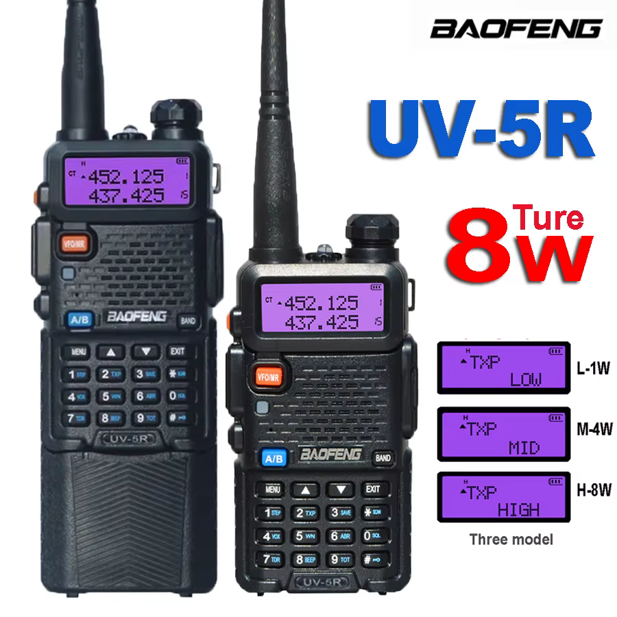 Baofeng UV-5R 5W 8W True Haute Puissance Walperforé Talkie Longue Portée 10km FM Radio Portable Bidirectionnelle