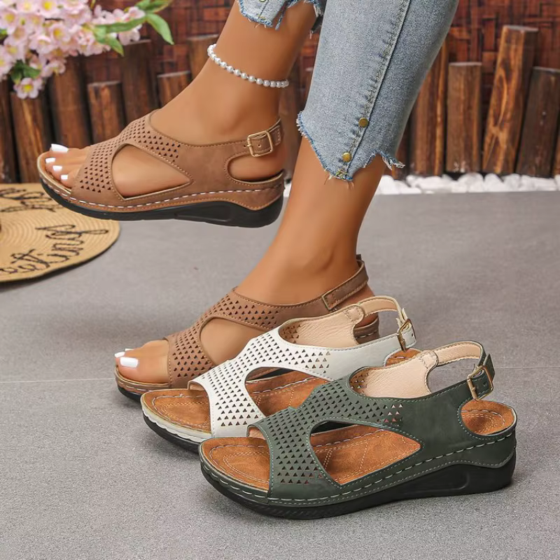 Sandales compensées orthopédiques pour femmes, ajourées et respirantes, avec boucle réglable, semelle antidérapante, chaussures de marche décontractées et confortables