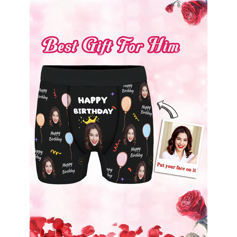 Boxer personnalisé avec photo pour homme, sous-vêtements imprimés avec ballons joyeux anniversaire, cadeau surprise amusant pour mari