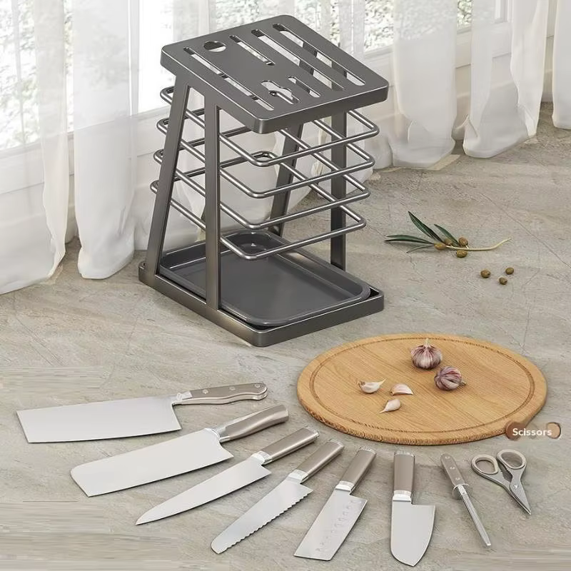 Support de rangement carré multifonctionnel pour ustensiles de cuisine, économiseur d'espace, pour outils de découpe, avec égouttoir de comptoir