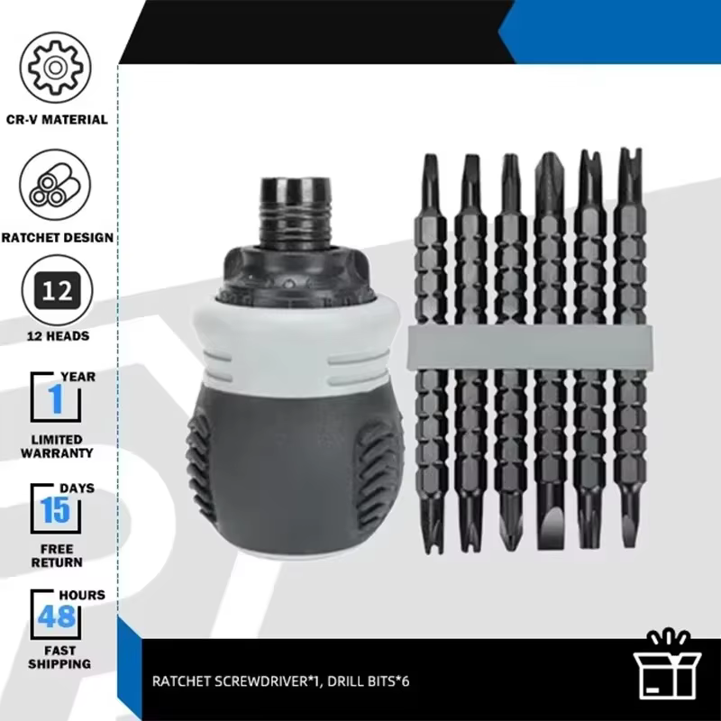 Tournevis à cliquet ergonomique à manche court avec 12 embouts double face multi-spécifications pour la réparation de meubles électroniques et de bricolage