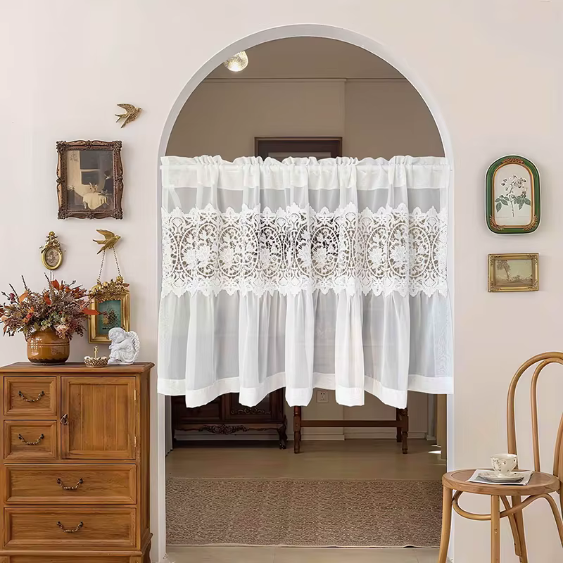 Rideau court en dentelle brodée de fleurs exquises de Style français, blanc, élégant, transparent, pour café, pour salon et porte de cuisine