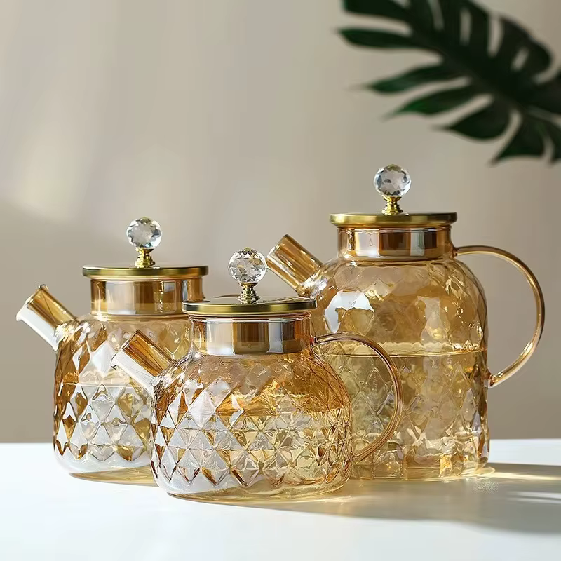 JUSTINLAU 1/1.8L théière verre à haute teneur en Borosilicate bouilloire d'eau froide avec couvercle et filtre ambre résistant à la chaleur thé en fleurs
