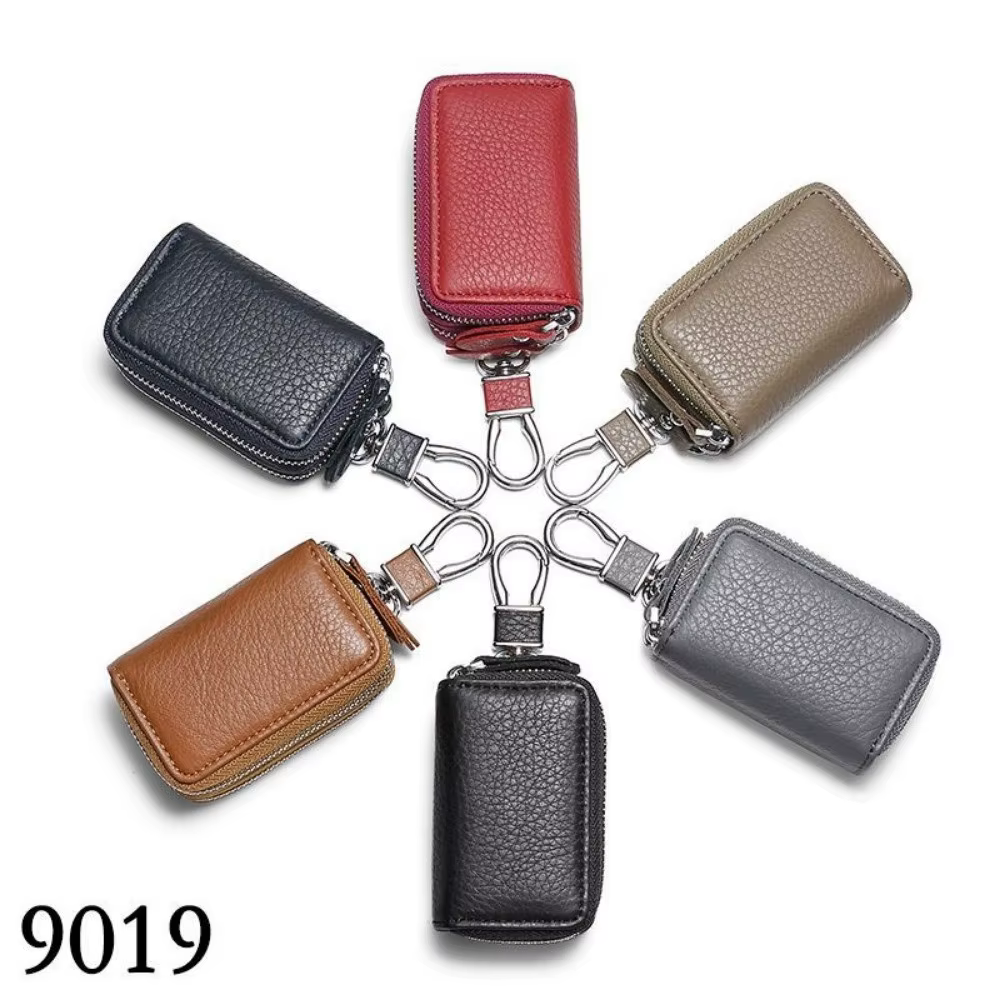 Nouvel étui à clés de voiture en cuir multifonctionnel, pochette à double compartiment, couleur unie, fermeture éclair, sac porte-clés pour voiture