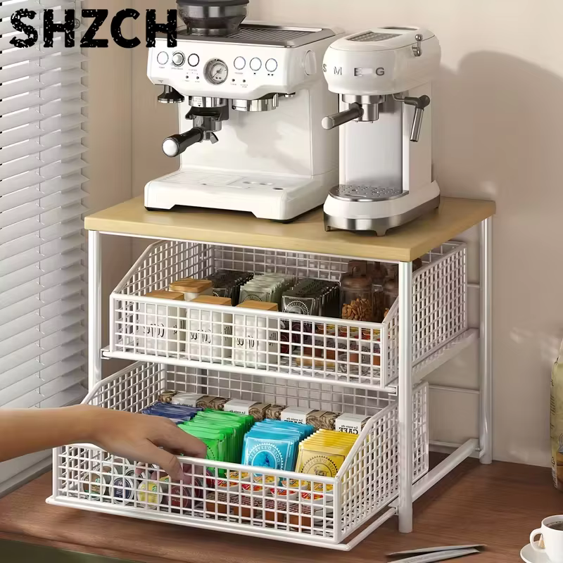 Étagère de rangement pour comptoir de cuisine, gain de place, avec tiroirs et paniers métalliques - étagère de rangement robuste à plusieurs niveaux
