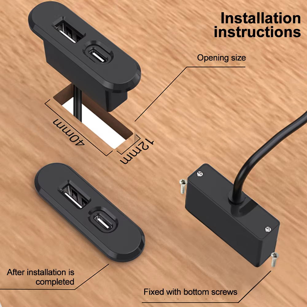 Prises encastrées sur Table 1 USB-A et 1 type-c prise de courant cachée de bureau intégrée avec rallonge de 1.2M pour bureau chambre