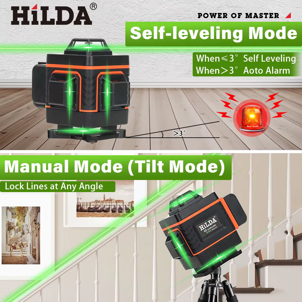 HILDA-Niveau Laser Vert 3D/4D, 12/16 Lignes Auto-Abrasives, Croix Horizontale et Verticale à 360 °, Super Injuste