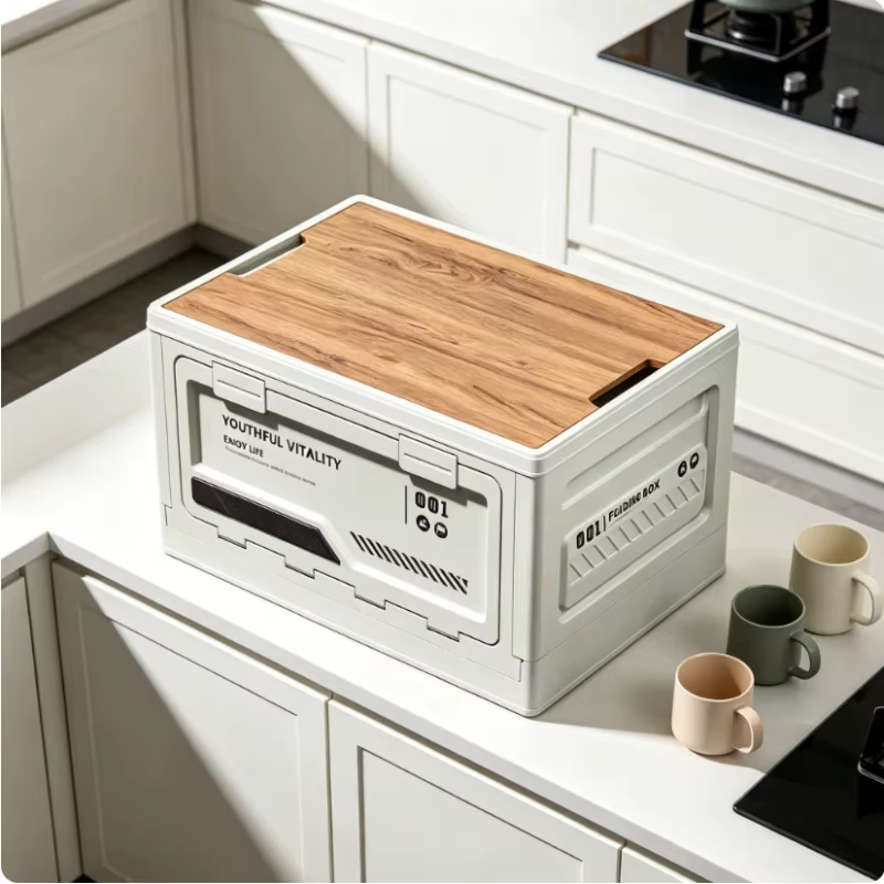 Boîte de rangement pliable avec couvercle en bois