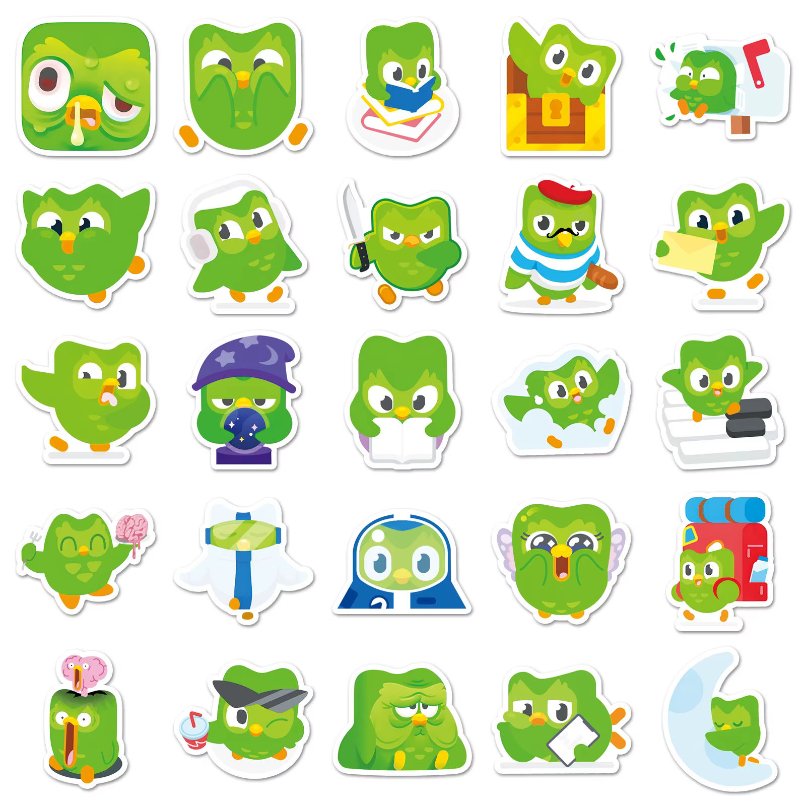 Autocollants hibou vert dessin animé Duolingo