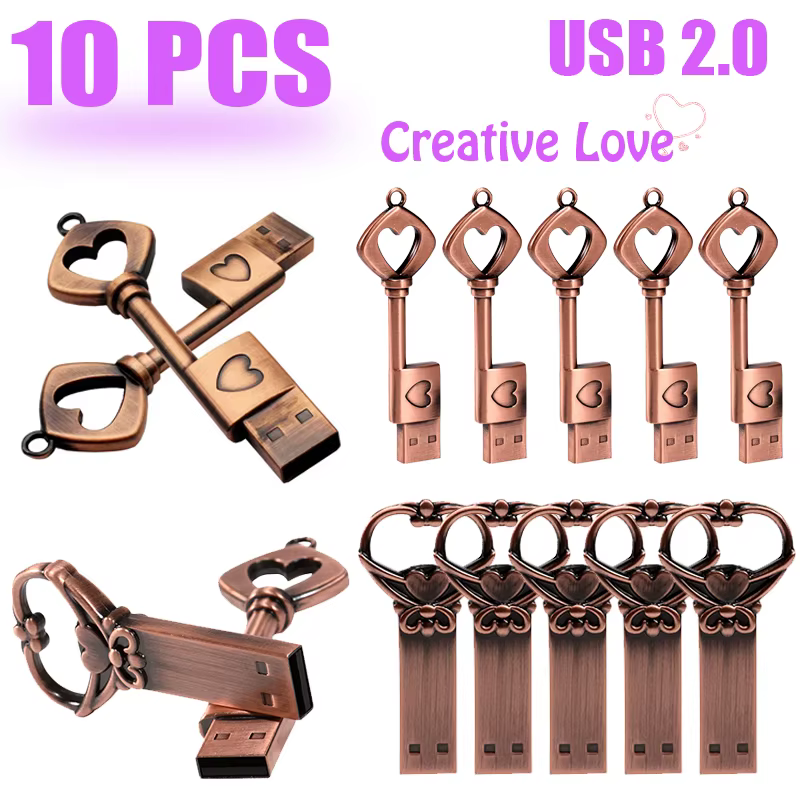 10 PCS LOT Pen Drive 128GB clé en forme d'amour USB 64GB Style rétro clé USB cadeau créatif 32GB Mini clé mémoire 16GB