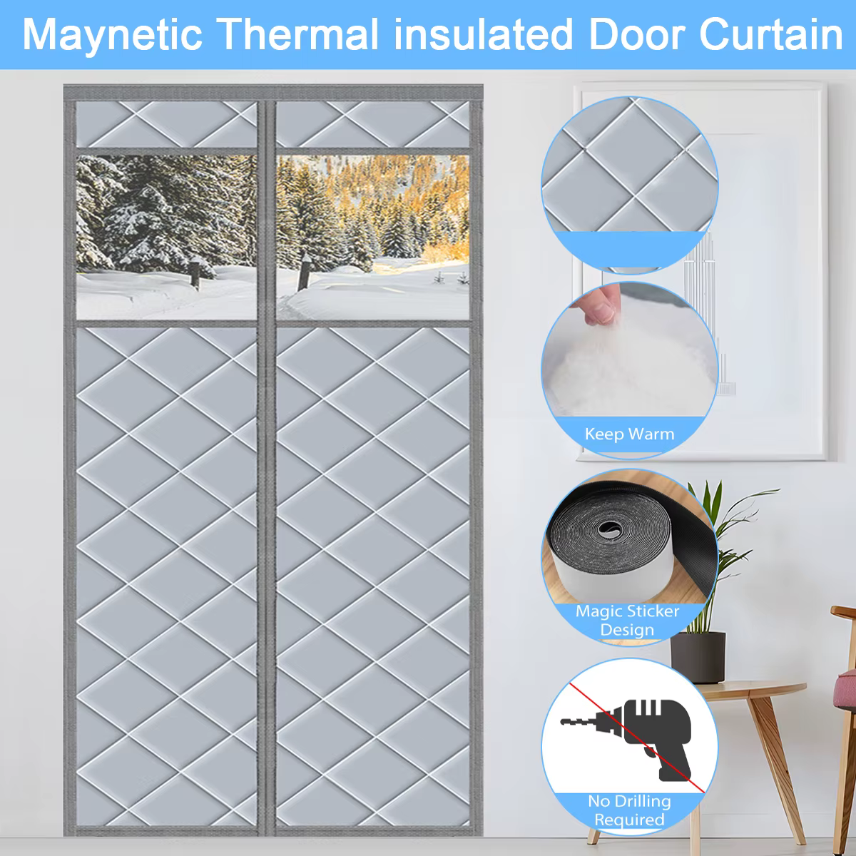 Rideau de porte à isolation magnétique, tissu multicouche épaissi, fermeture automatique, kit d'isolation pour portes et fenêtres d'hiver