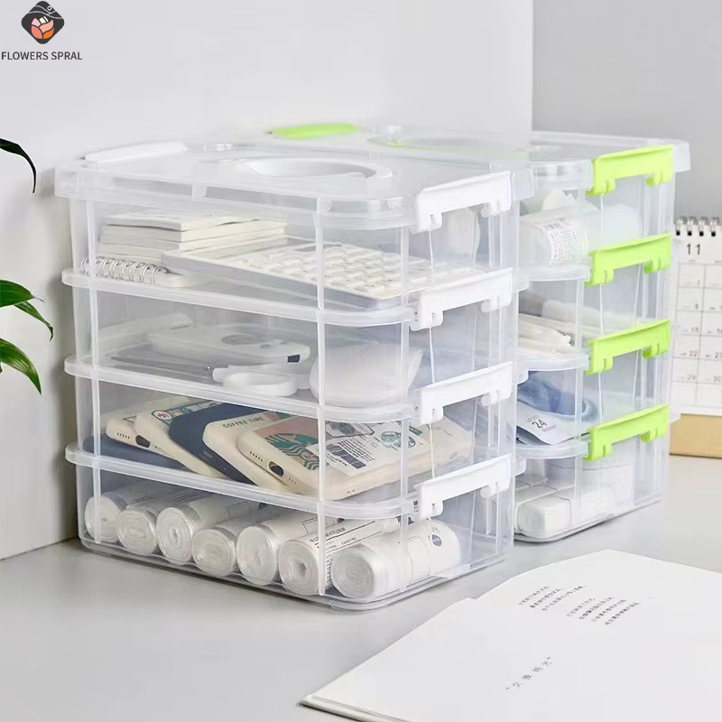 Grande boîte de rangement transparente empilable à 4 couches avec couvercle