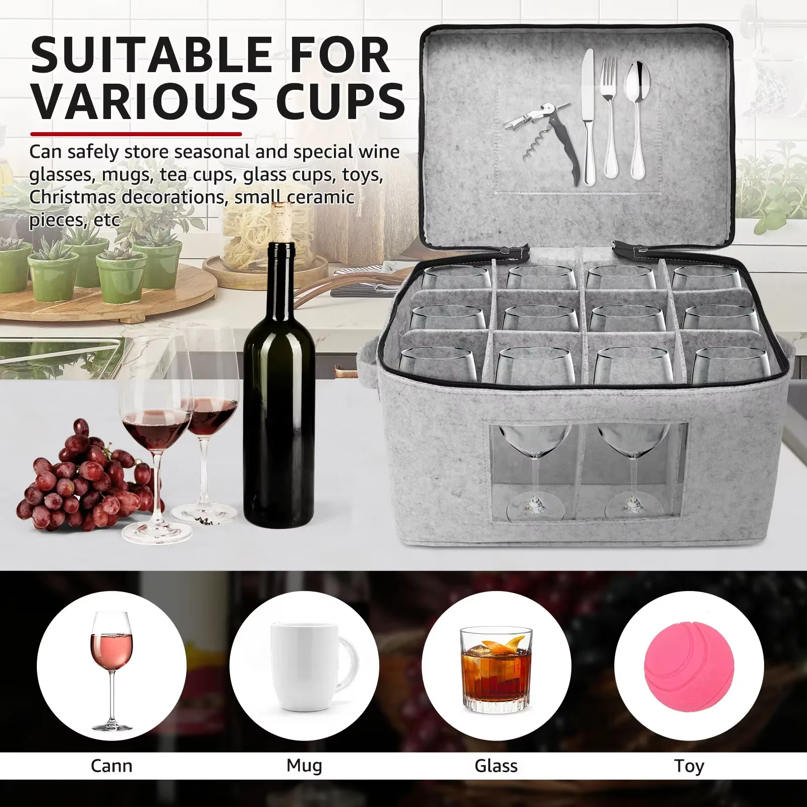 Organisateur de rangement pour verres à vin, conteneur empilable en feutre pour verrerie avec 12 séparateurs amovibles, pliable pour sac de voyage pour bouteilles de vin