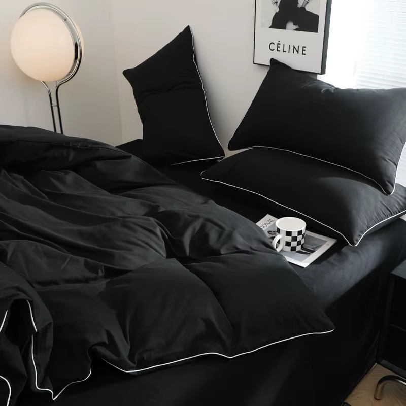 Parure de lit complète noire pour adultes, style simple, ensembles de draps doubles, simple, reine, roi, ensemble de couverture de lit, uni, document