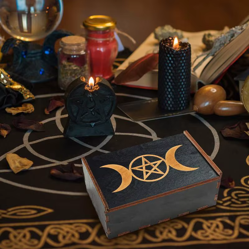 Boîte à bijoux en bois vintage pour cartes de tarot