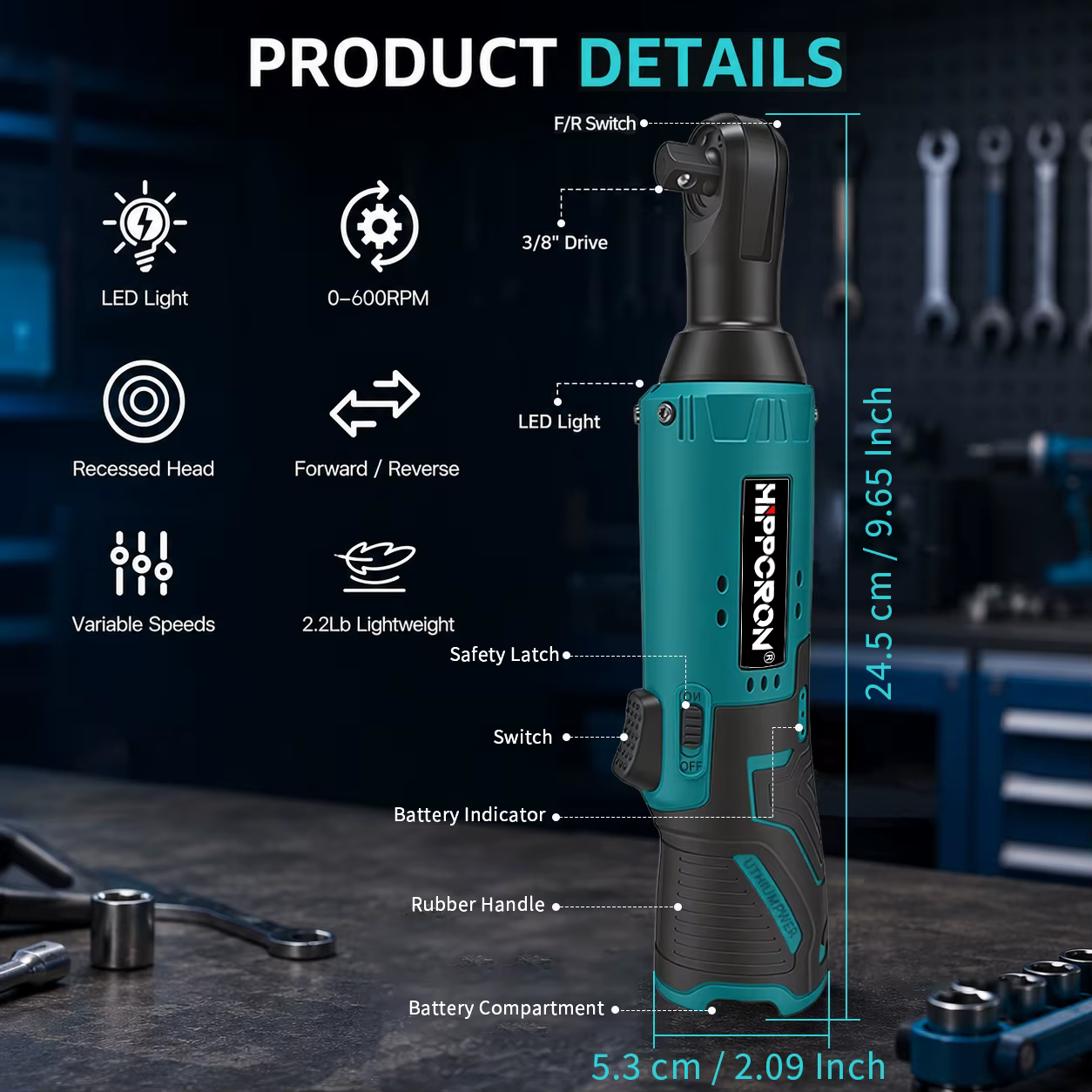 Clé à cliquet électrique sans fil HIPPCRON avec moteur en cuivre puissant 600 tr/min 45 Nm 3/8'' Kit d'outils