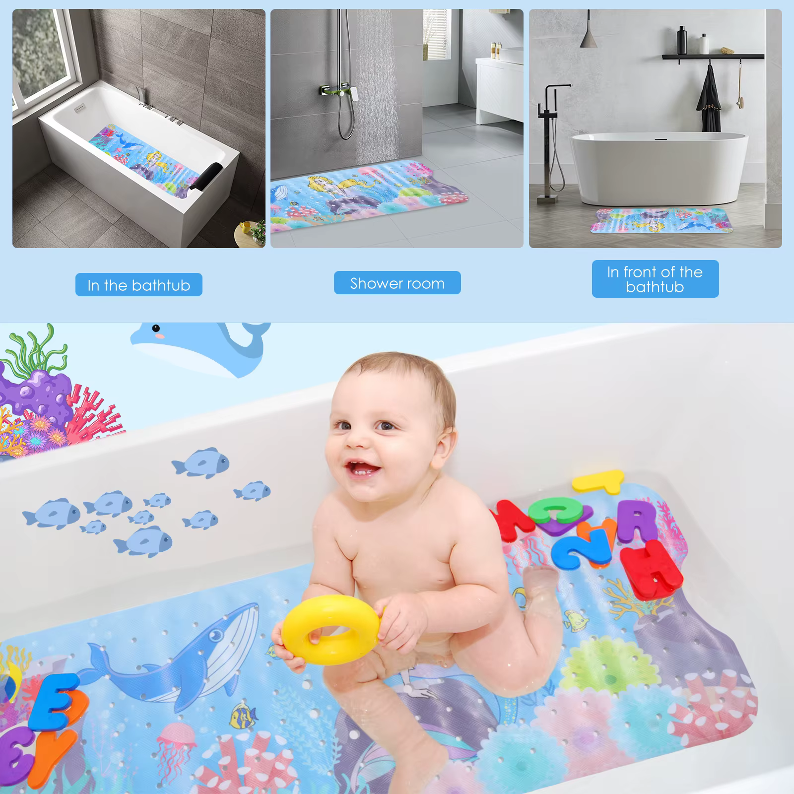 Grand tapis de bain de dessin animé pour bébés et enfants, tapis de baignoire de douche antidérapant avec ventouse, coussin de Massage doux
