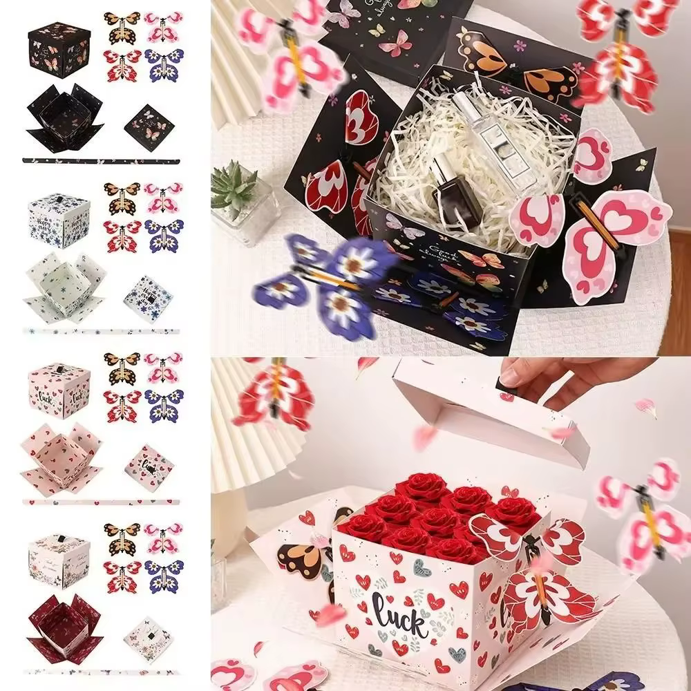 Boîte cadeau papillon multicolore à mécanisme d'explosion automatique