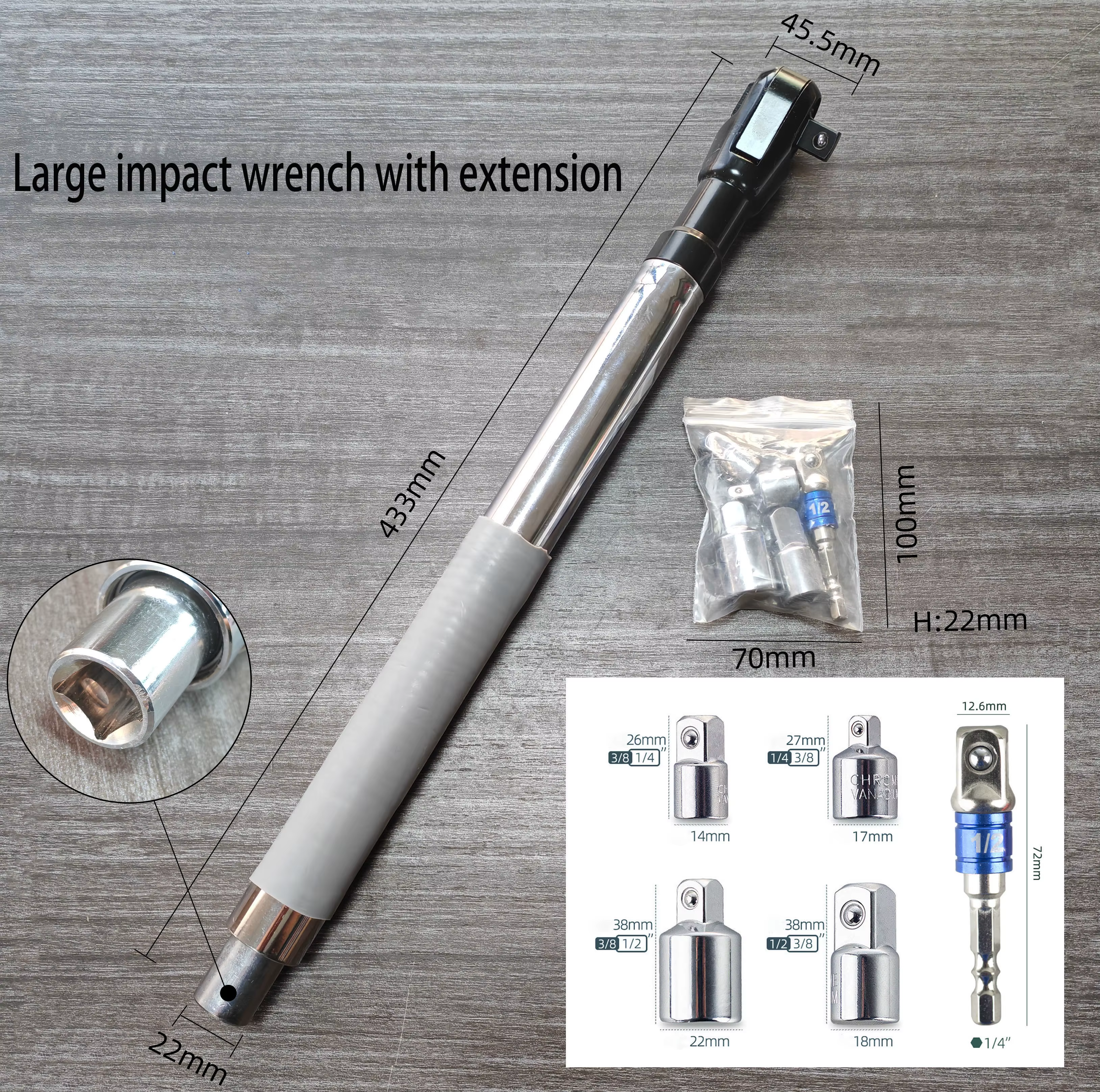 Clé offset Rafford : livrée avec un adaptateur de 1/2 pouce + 4 convertisseurs