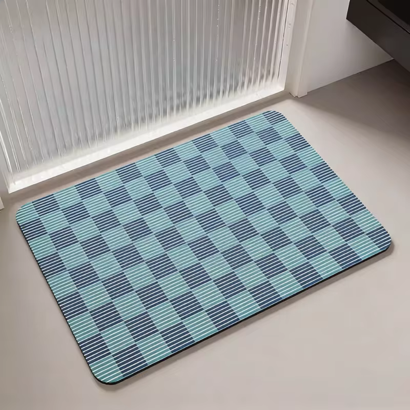 Tapis de salle de bain absorbant et antidérapant, décoration intérieure, bleu clair, motif géométrique à carreaux, tapis d'entrée de toilettes, tapis de sol en boue de diatomées