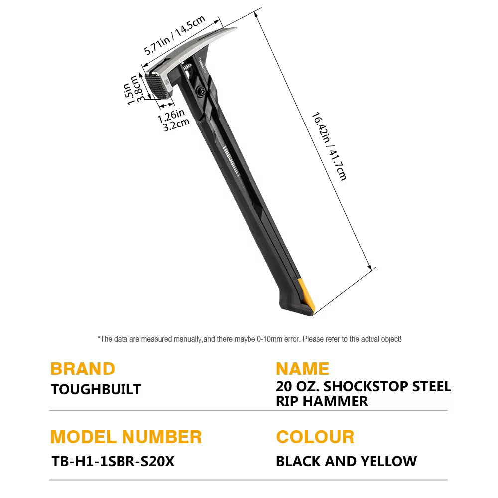 Marteau de charpentier TOUGHBUILT ShockStop 20oz en acier avec face fraisée
