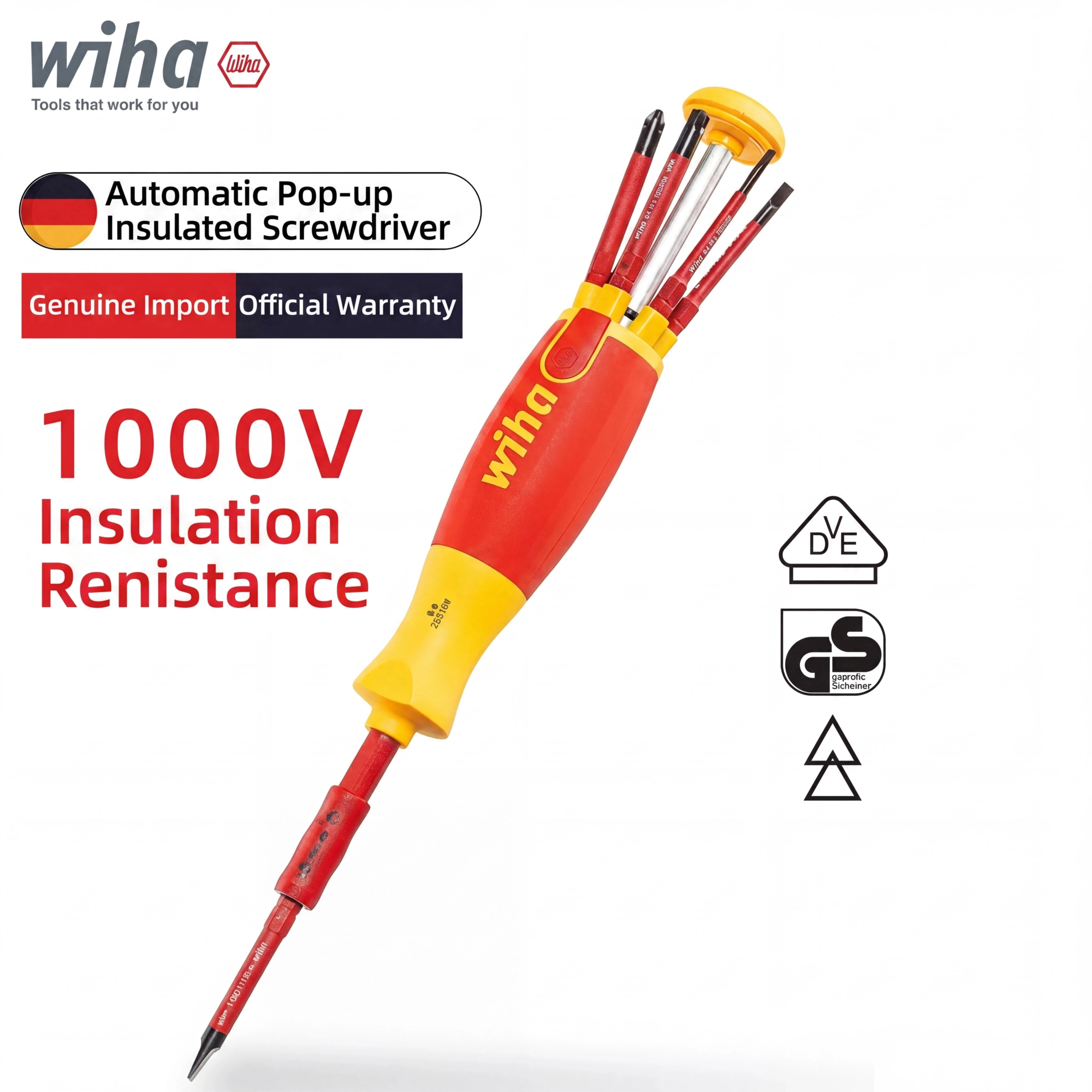Tournevis isolé 6-en-1 WIHA 38611 1000V | Outil de réparation pour électricien avec 6 embouts fins et un porte-embouts