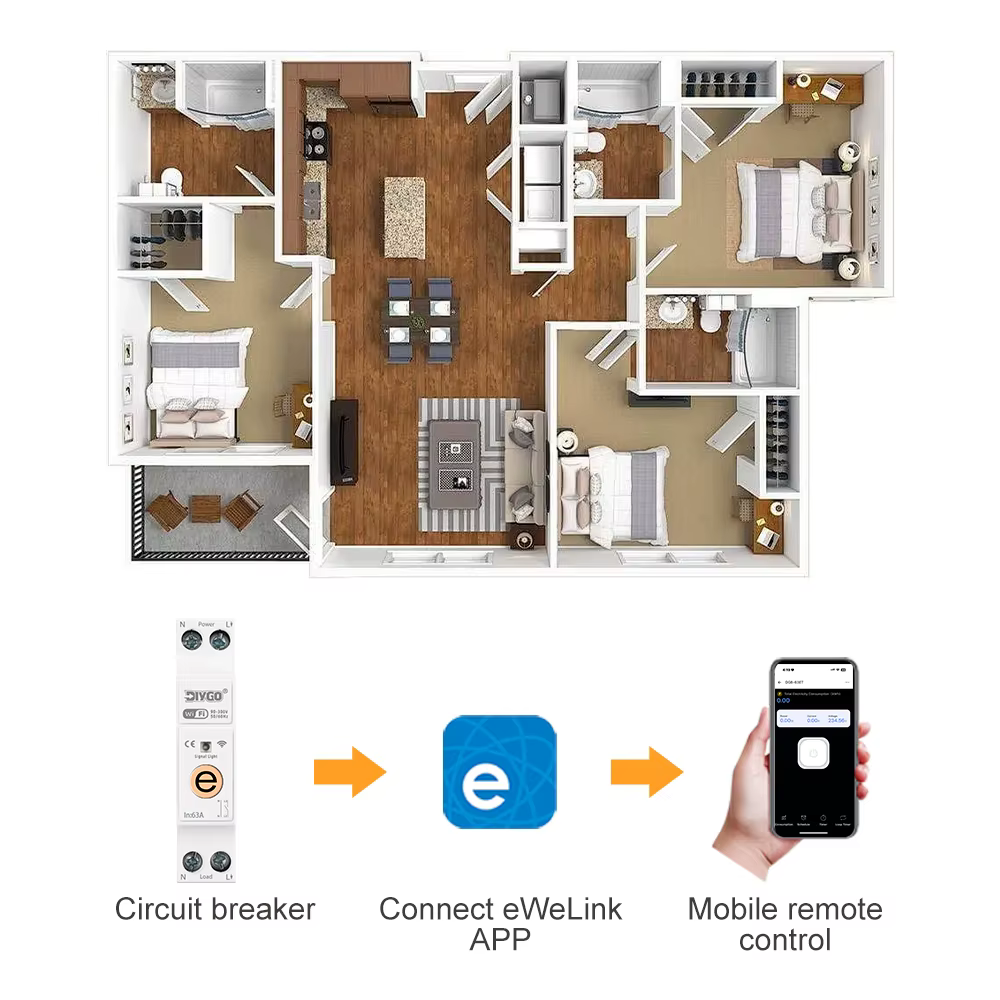 Bricolage GO ewelink 1P + N 63A MCB WIFI commutateur intelligent compteur d'énergie Kwh mesure disjoncteur minuterie relais protection de la maison intelligente