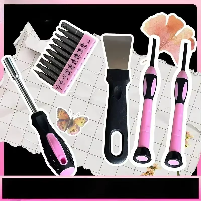 Boîte à Outils Domestique Rose avec Marteau et Tournevis à Batterie au Lithium pour Femme