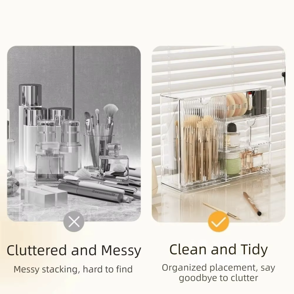 Boîte de rangement cosmétique en plastique transparente, grande capacité, style tiroir, avec tiroirs, anti-poussière