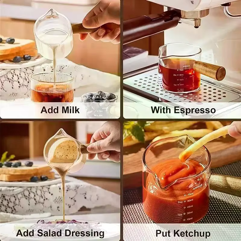 Tasse à mesurer en verre résistant à la chaleur de 75 ml, carafe à lait en verre à double ouverture avec poignée, tasses à mesurer en verre graduées