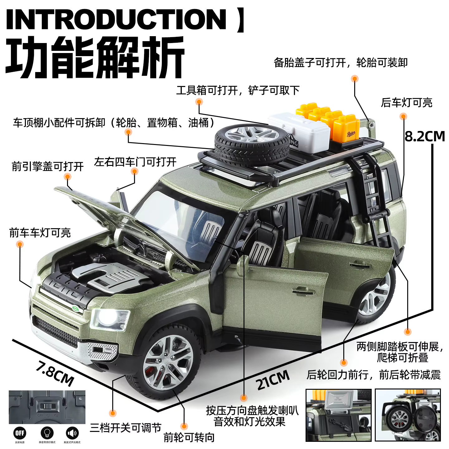 Modèle de voiture Land Rover DEFENDER 110 RANGE ROVER SV à l'échelle 1:24, jouet avec son et lumière, véhicule à rétrofriction, absorption des chocs, ornement décoratif