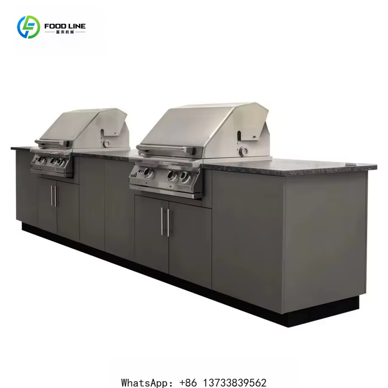 Îlot de cuisine extérieur sur mesure avec évier, barbecue haut de gamme moderne en acier inoxydable et armoire de cuisine