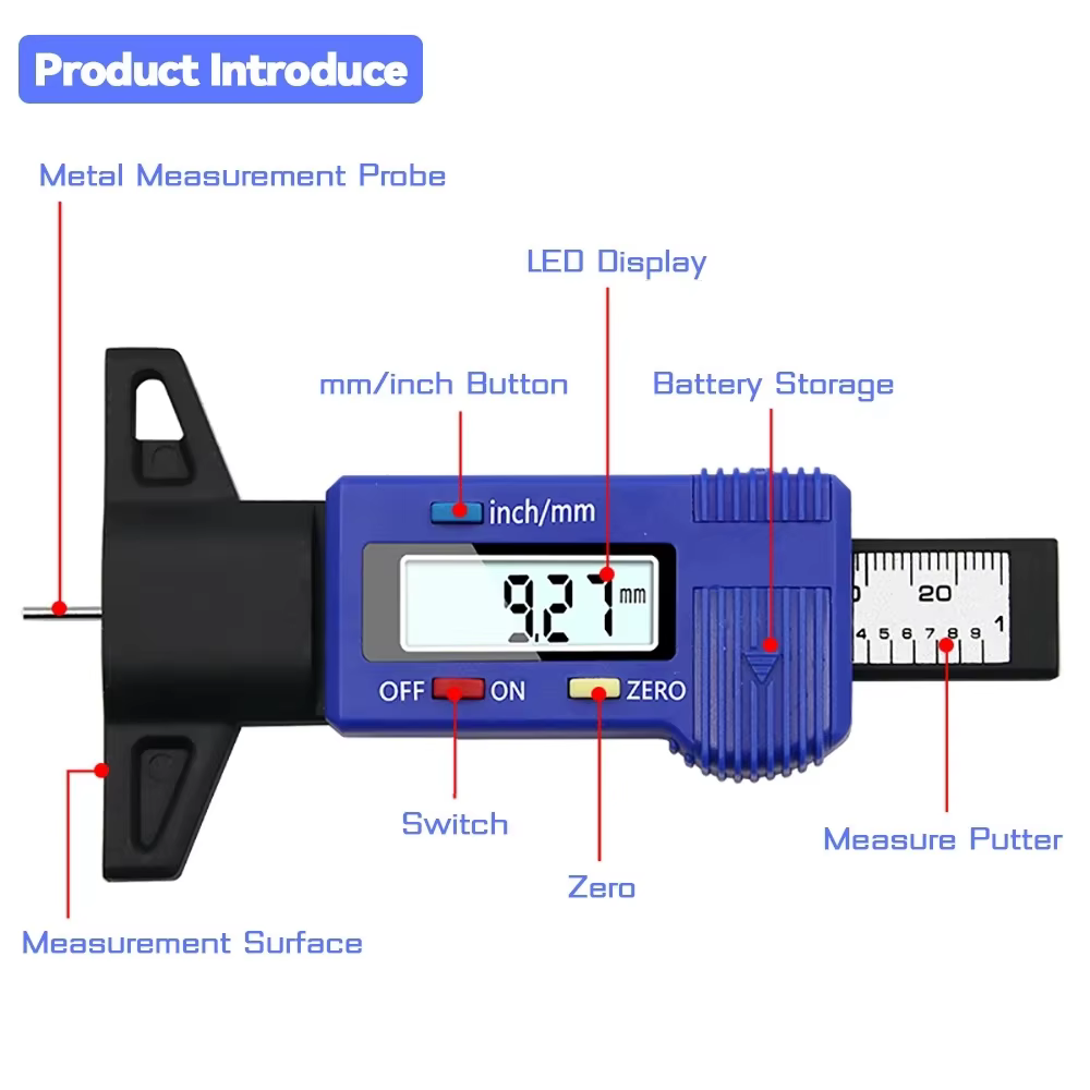 Jauge numérique de profondeur de bande de roulement de pneu 0-25mm LCD outil de mesure de détection d'usure de pneu automatique de voiture compteur de surveillance de haute précision