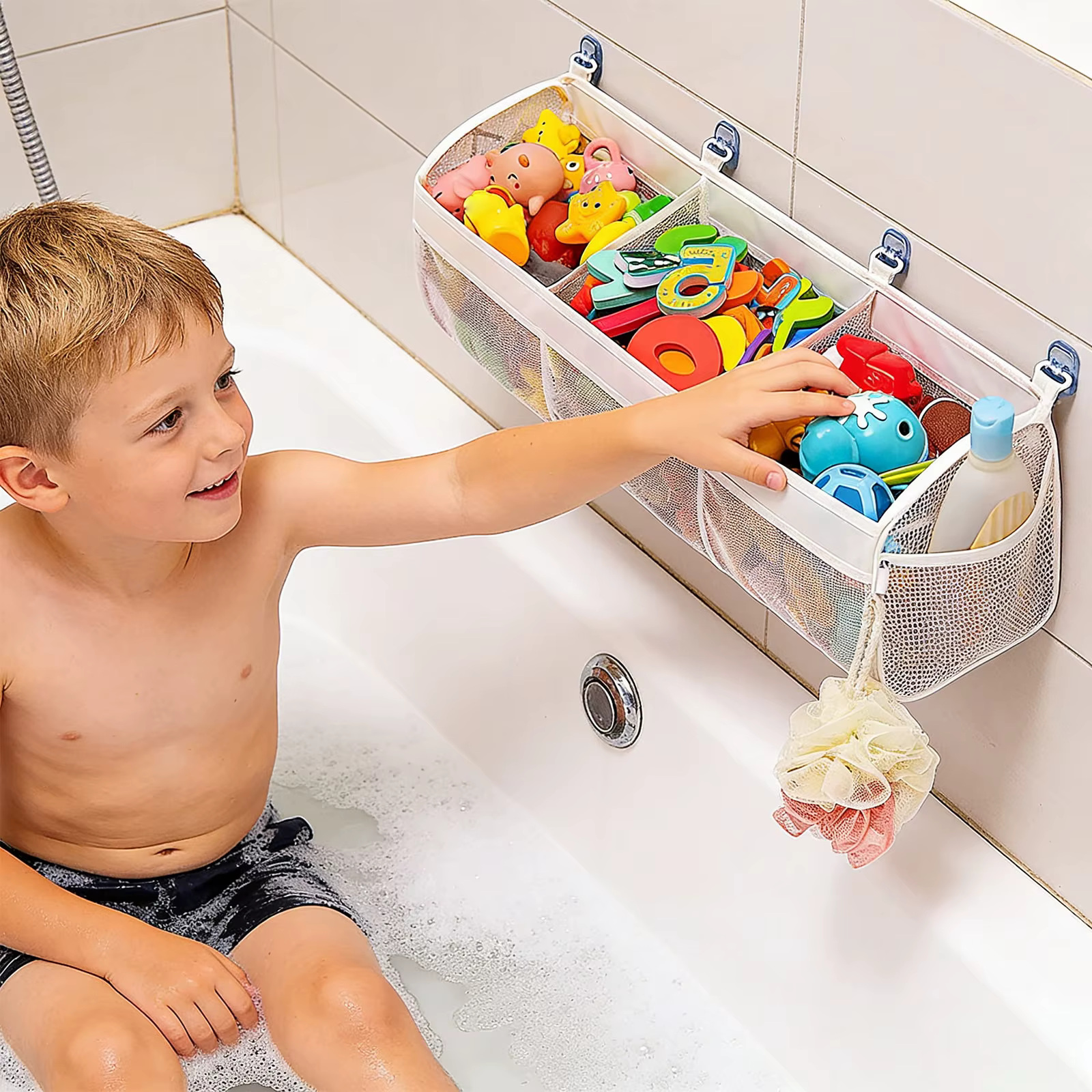 2 styles de sacs de rangement pour jouets de salle de bain avec 4 crochets, sac de rangement mural de grande capacité, organisateur d'accessoires de salle de bain