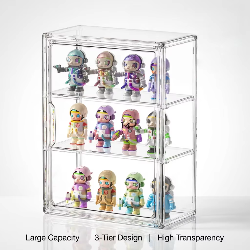 1 vitrine transparente en acrylique pour figurines avec deux étagères amovibles